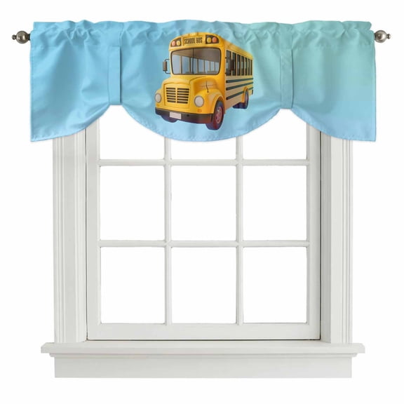 Tie Up Valances for Windows, School Bus Adjustable Valance Curtains Window Treatment for Living Room, Cartoon Funny Yellow Transportation Truck Blue Rod Pocket Kitchen Curtains & Drapes 54x18 Inch