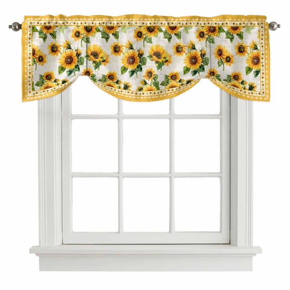 Tie Up Valances for Windows, South West Sunflowers Adjustable Valance Curtains Window Treatment for Living Room, Spring Summer Yellow Flower Green Leaf Rod Pocket Kitchen Curtains 42x12 Inch