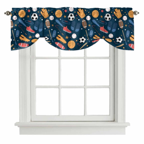 Tie Up Valances for Windows, Sports Theme Adjustable Valance Curtains Window Treatment for Living Room, Cartoon Soccer Baseball Basketball Star Blue Rod Pocket Kitchen Curtains & Drapes 42x12 Inch
