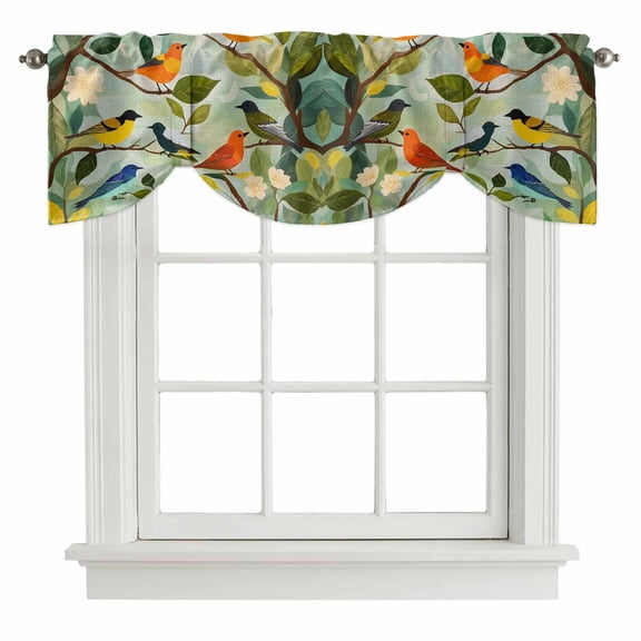Tie Up Valances for Windows, Spring Birds Leaves Adjustable Valance Curtains Window Treatment for Living Room/Bedroom, Summer Pastoral Botanical Rod Pocket Kitchen Curtains & Drapes 54x18 Inch
