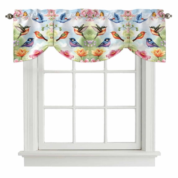 Tie Up Valances for Windows, Spring Floral Adjustable Valance Curtains Window Treatment for Living Room/Bedroom, Pastoral Butterfly Bird Elegant Rod Pocket Kitchen Curtains & Drapes 54x18 Inch