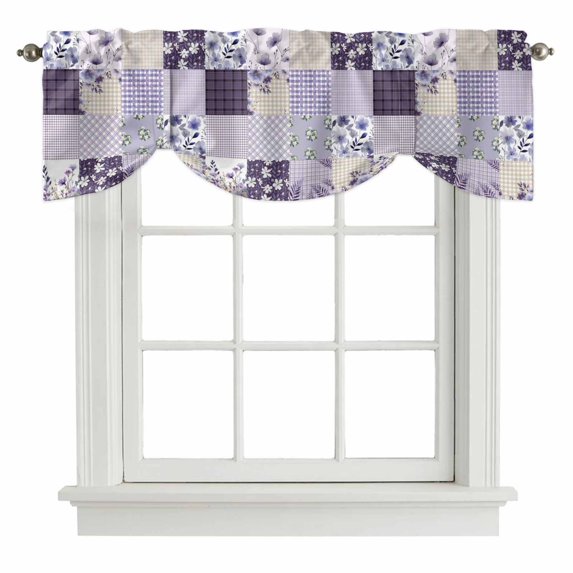 Tie Up Valances for Windows, Spring Floral Adjustable Valance Curtains Window Treatment for Living Room, Dark Purple Flowers Patchwork Grid Bohemia Rod Pocket Kitchen Curtains & Drapes 54x18 Inch