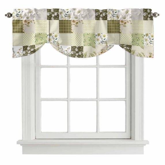 Tie Up Valances for Windows, Spring Floral Adjustable Valance Curtains Window Treatment for Living Room, Yellow Flowers Botanical Patchwork Grid Bohemia Rod Pocket Kitchen Curtains 42x12 Inch