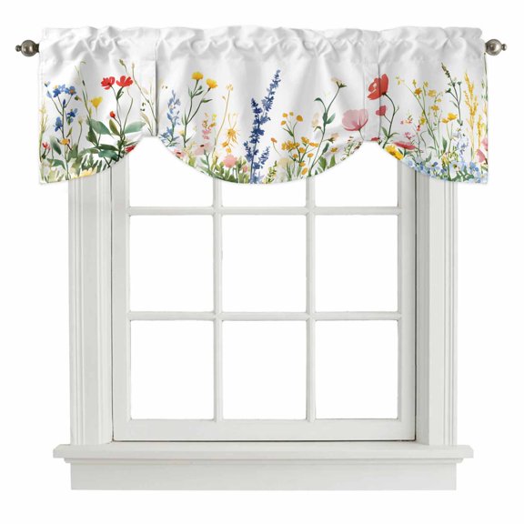 Tie Up Valances for Windows, Spring Flowers Adjustable Valance Curtains Window Treatment for Living Room/Bedroom, Simple Botanical Wildflowers Herbs Rod Pocket Kitchen Curtains & Drapes 42x12 Inch