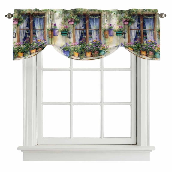 Tie Up Valances for Windows, Spring Flowers Adjustable Valance Curtains Window Treatment for Living Room, Botanical Windows Floral Pots Bicycle Rod Pocket Kitchen Curtains & Drapes 42x18 Inch