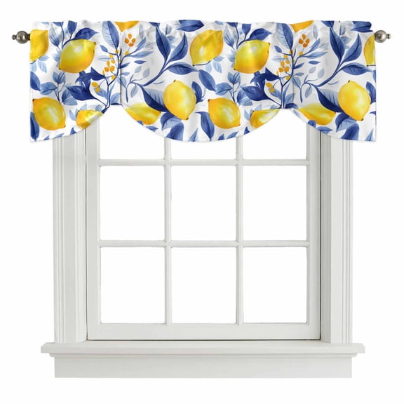 Tie Up Valances for Windows, Summer Lemon Adjustable Valance Curtains Window Treatment for Living Room/Bedroom, Watercolor Yellow Blue Garden Floral Rod Pocket Kitchen Curtains & Drapes 42x12 Inch