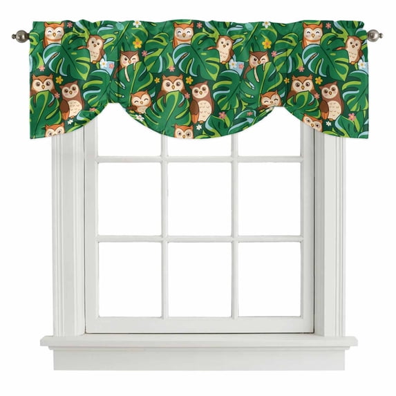 Tie Up Valances for Windows, Summer Owls Adjustable Valance Curtains Window Treatment for Living Room, Green Palm Leaves Tropical Plants Rod Pocket Kitchen Curtains & Drapes 60x18 Inch