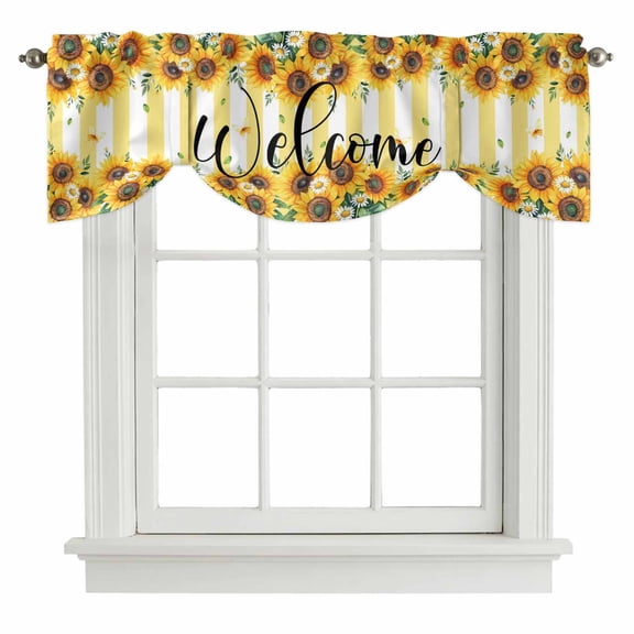 Tie Up Valances for Windows, Summer Sunflower Adjustable Valance Curtains Window Treatment for Living Room/Bedroom, Yellow Vertical Striped Leaves Rod Pocket Kitchen Curtains & Drapes 42x12 Inch