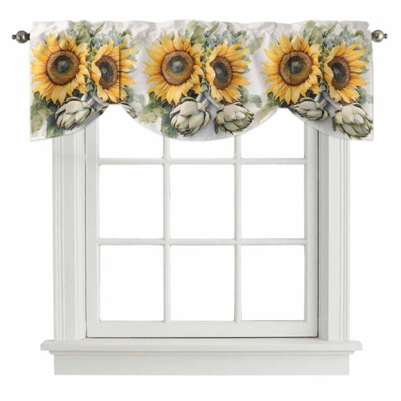 Tie Up Valances for Windows, Summer Sunflower Adjustable Valance Curtains Window Treatment for Living Room, Yellow Green Floral Watercolor Plant Rod Pocket Kitchen Curtains & Drapes 42x12 Inch