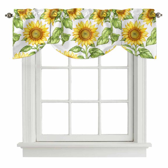 Tie Up Valances for Windows, Summer Sunflowers Adjustable Valance Curtains Window Treatment for Living Room/Bedroom, Spring Botanical Yellow Flowers Rod Pocket Kitchen Curtains & Drapes 42x12 Inch