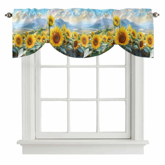 Tie Up Valances for Windows, Summer Sunflowers Adjustable Valance Curtains Window Treatment for Living Room, Mountain Botanical Floral Nature View Rod Pocket Kitchen Curtains & Drapes 42x12 Inch