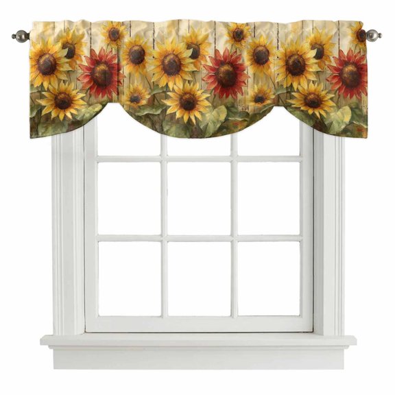 Tie Up Valances for Windows, Summer Sunflowers Adjustable Valance Curtains Window Treatment for Living Room, Spring Oil Painting Floral Leaf Plant Rod Pocket Kitchen Curtains & Drapes 42x12 Inch