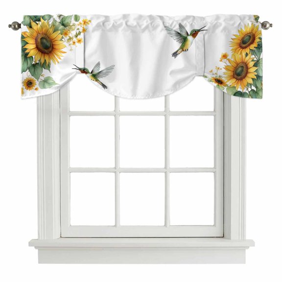 Tie Up Valances for Windows, Sunflower Adjustable Valance Curtains Window Treatment for Living Room/Bedroom, Green Summer Flower Birds Pastoral Rod Pocket Kitchen Curtains & Drapes 42x12 Inch