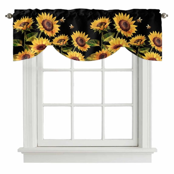 Tie Up Valances for Windows, Sunflower Adjustable Valance Curtains Window Treatment for Living Room/Bedroom Windows, Summer Bee Botanical Floral Black Rod Pocket Kitchen Curtains & Drapes 42x18 Inch
