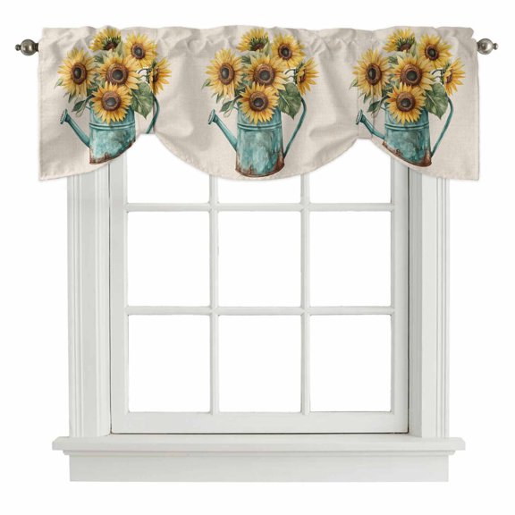 Tie Up Valances for Windows, Sunflower Adjustable Valance Curtains Window Treatment for Living Room, Country Botanical Blooms Floral Garden Flowers Rod Pocket Kitchen Curtains & Drapes 42x12 Inch