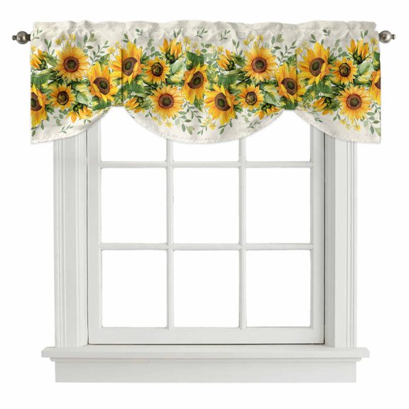 Tie Up Valances for Windows, Sunflower Adjustable Valance Curtains Window Treatment for Living Room, Country Botanical Yellow Green Floral Leaf Rod Pocket Kitchen Curtains & Drapes 42x12 Inch
