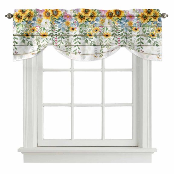 Tie Up Valances for Windows, Sunflower Adjustable Valance Curtains Window Treatment for Living Room, Summer Botanical Pastoral Wooden Yellow Green Rod Pocket Kitchen Curtains & Drapes 42x12 Inch