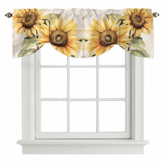 Tie Up Valances for Windows, Sunflower Blossom Adjustable Valance Curtains Window Treatment for Living Room, Spring Summer Retro Botanical Floral Rod Pocket Kitchen Curtains & Drapes 42x12 Inch