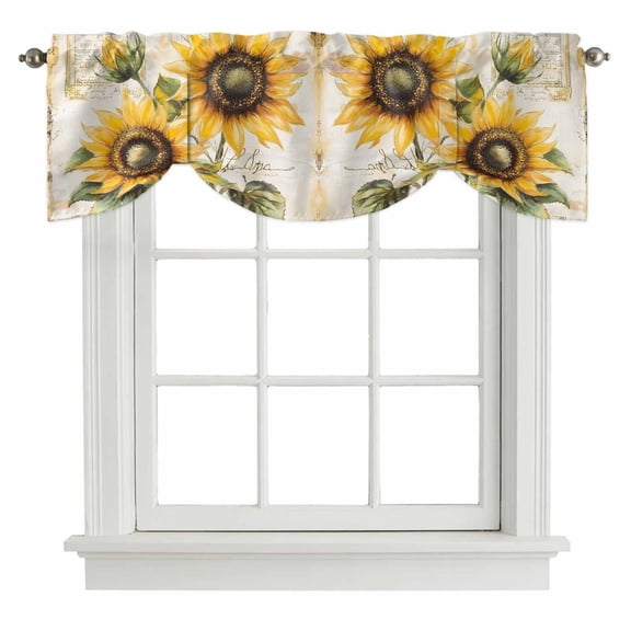 Tie Up Valances for Windows, Sunflowers Retro Adjustable Valance Curtains Window Treatment for Living Room/Bedroom, Spring Summer Floral Botanical Rod Pocket Kitchen Curtains & Drapes 42x12 Inch