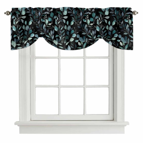 Tie Up Valances for Windows, Teal Black Botanical Adjustable Valance Curtains Window Treatment for Living Room, Spring Eucalyptus Leaves Greenery Rod Pocket Kitchen Curtains & Drapes 60x18 Inch