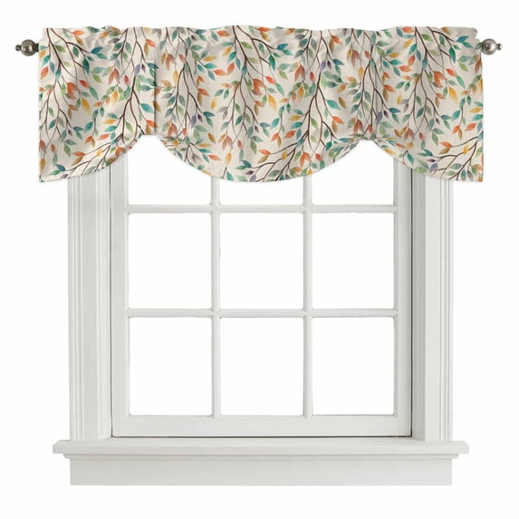Tie Up Valances for Windows, Teal Orange Eucalyptus Adjustable Valance Curtains Window Treatment for Living Room, Spring Botanical Leaves Rod Pocket Kitchen Curtains & Drapes 42x18 Inch