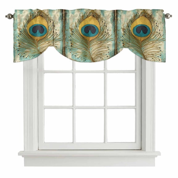 Tie Up Valances for Windows, Teal Peacock Feathers Adjustable Valance Curtains Window Treatment for Living Room/Bedroom, Retro Abstract Art Watercolor Rod Pocket Kitchen Curtains & Drapes 42x12 Inch