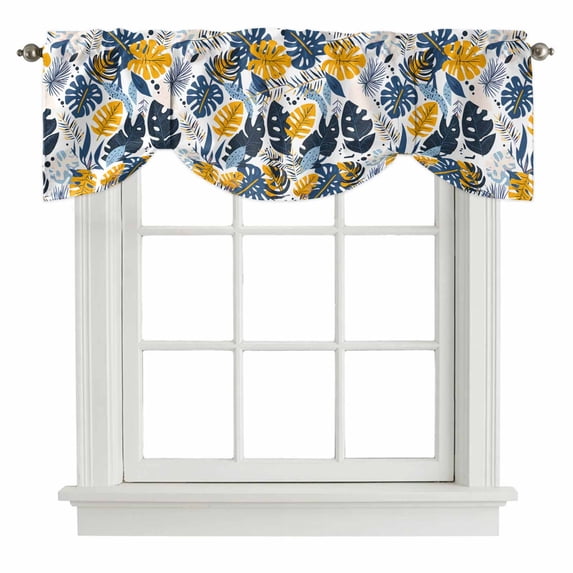 Tie Up Valances for Windows, Tropical Leaf Adjustable Valance Curtains Window Treatment for Living Room, Orange Blue Palm Plants Summer Pastoral Rod Pocket Kitchen Curtains & Drapes 42x12 Inch