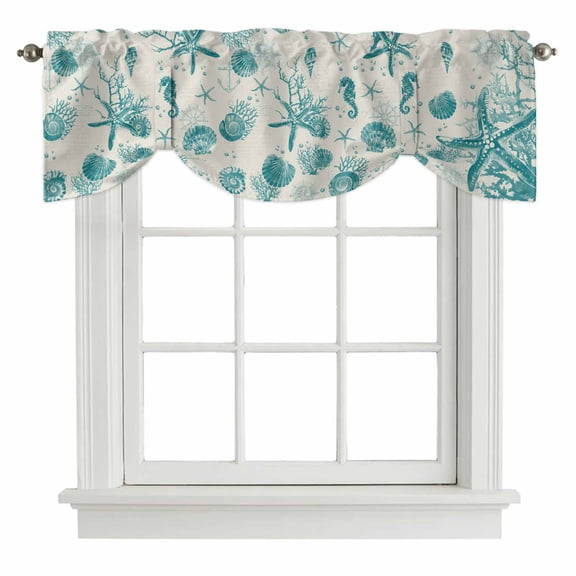Tie Up Valances for Windows, Turquoise Starfish Adjustable Valance Curtains Window Treatment for Living Room, Ocean Nautical Seahorse Coral Shell Rod Pocket Kitchen Curtains & Drapes 60x18 Inch
