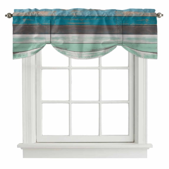 Tie Up Valances for Windows, Turquoise Wooden Grain Adjustable Valance Curtains Window Treatment for Living Room, Country Vintage Mottled Stripes Rod Pocket Kitchen Curtains & Drapes 42x12 Inch