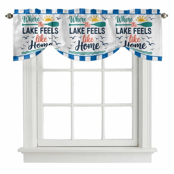 Tie Up Valances for Windows, Vintage Art Adjustable Valance Curtains Window Treatment for Living Room, Funny Words Blue Striped Wooden Retro Art Rod Pocket Kitchen Curtains & Drapes 60x18 Inch