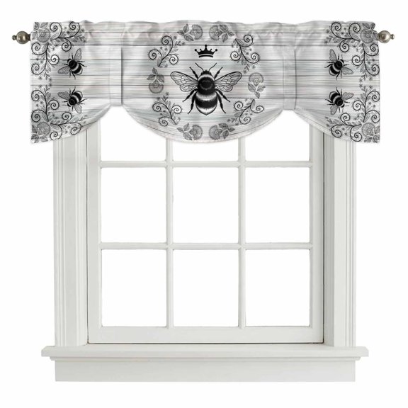 Tie Up Valances for Windows, Vintage Bees Crowns Adjustable Valance Curtains Window Treatment for Living Room, Retro Leaves Rings Gray Wooden Rod Pocket Kitchen Curtains & Drapes 42x12 Inch