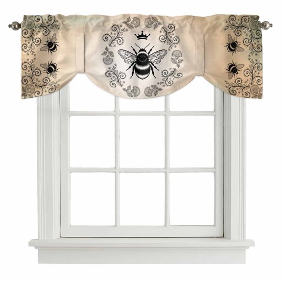 Tie Up Valances for Windows, Vintage Bees Crowns Adjustable Valance Curtains Window Treatment for Living Room, Rustic Leaves Rings Brown Gradient Rod Pocket Kitchen Curtains & Drapes 42x12 Inch