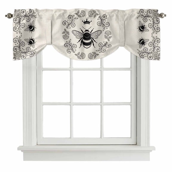 Tie Up Valances for Windows, Vintage Bees Crowns Adjustable Valance Curtains Window Treatment for Living Room, Rustic Leaves Rings Burlap Rod Pocket Kitchen Curtains & Drapes 42x12 Inch