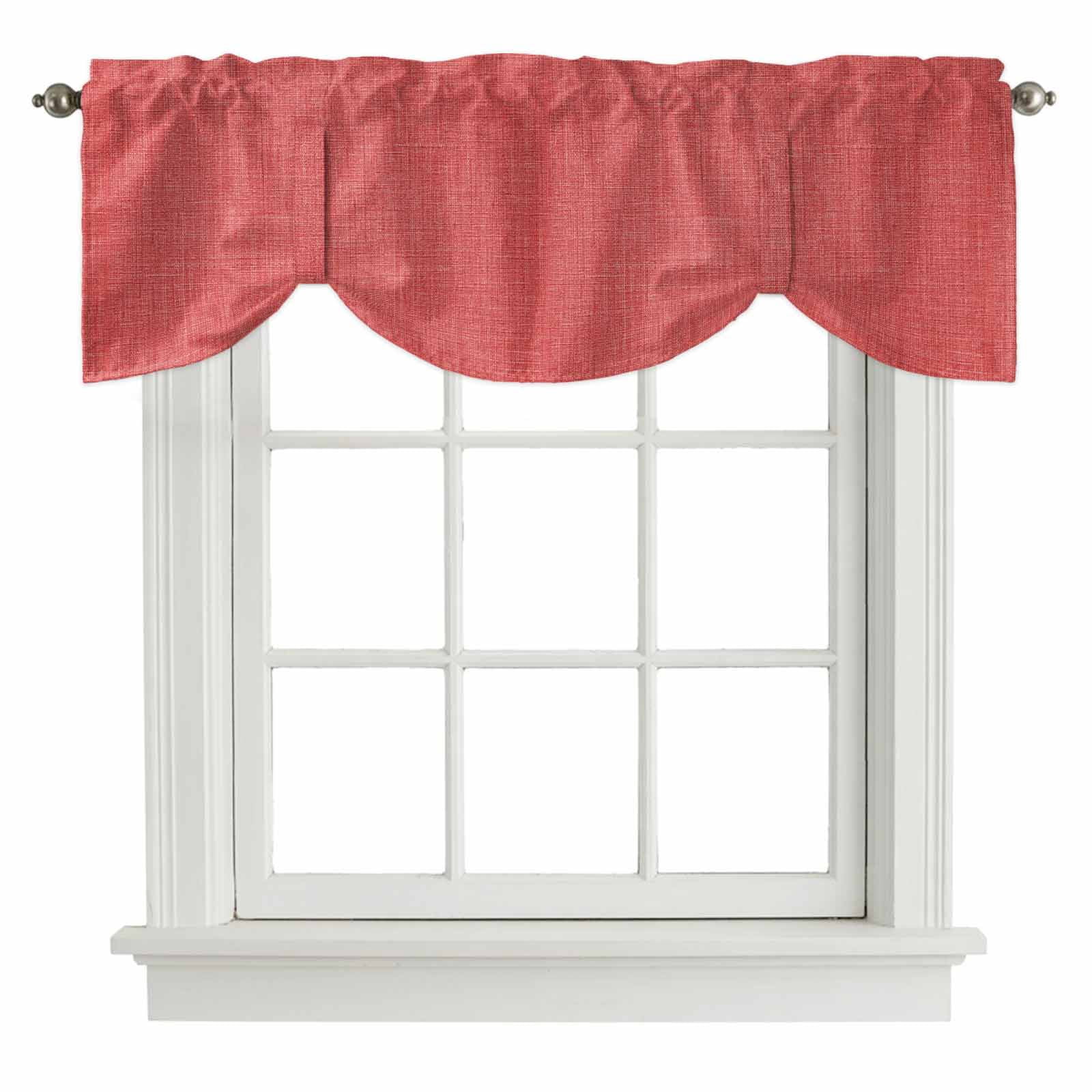 Tie Up Valances for Windows, Vintage Coral Red Adjustable Valance Curtains Window Treatment for Living Room, Farmhouse Retro Solid Color Linen Texture Rod Pocket Kitchen Curtains & Drapes 42x12 Inch
