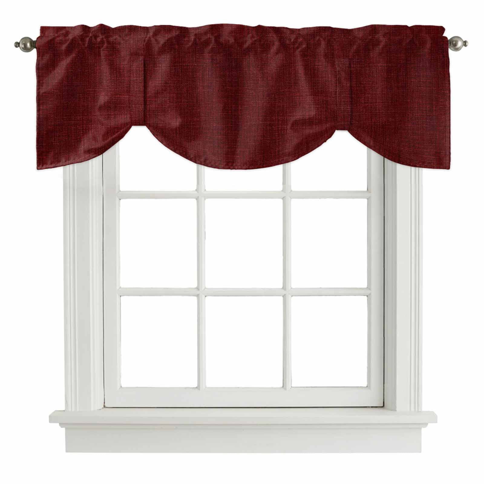 Tie Up Valances for Windows, Vintage Dark Red Adjustable Valance Curtains Window Treatment for Living Room, Farmhouse Retro Solid Color Linen Texture Rod Pocket Kitchen Curtains & Drapes 42x12 Inch