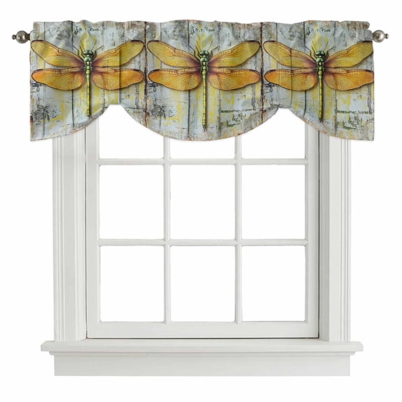 Tie Up Valances for Windows, Vintage Dragonfly Adjustable Valance Curtains Window Treatment for Living Room, Chic Country Yellow Animals Wood Grain Rod Pocket Kitchen Curtains & Drapes 42x12 Inch