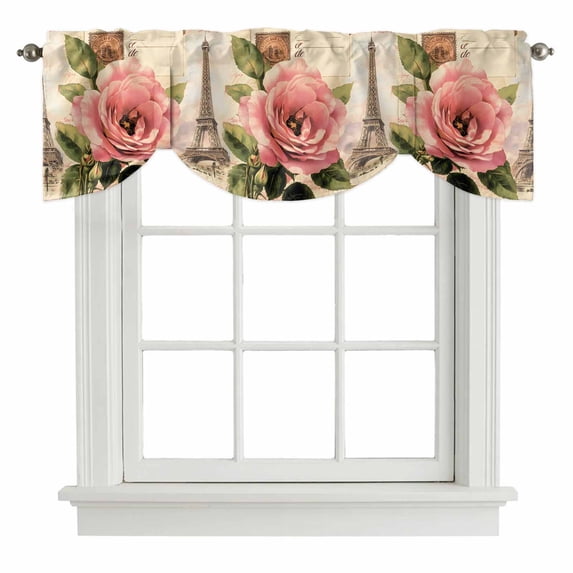 Tie Up Valances for Windows, Vintage Floral Adjustable Valance Curtains Window Treatment for Living Room/Bedroom Windows, Retro Letter Tower Rod Pocket Kitchen Curtains & Drapes 60x18 Inch