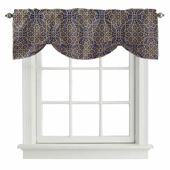 Tie Up Valances for Windows, Vintage Mediterranean Adjustable Valance Curtains Window Treatment for Living Room, Retro Morocco Abstract Art Brown Blue Rod Pocket Kitchen Curtains & Drapes 54x18 Inch