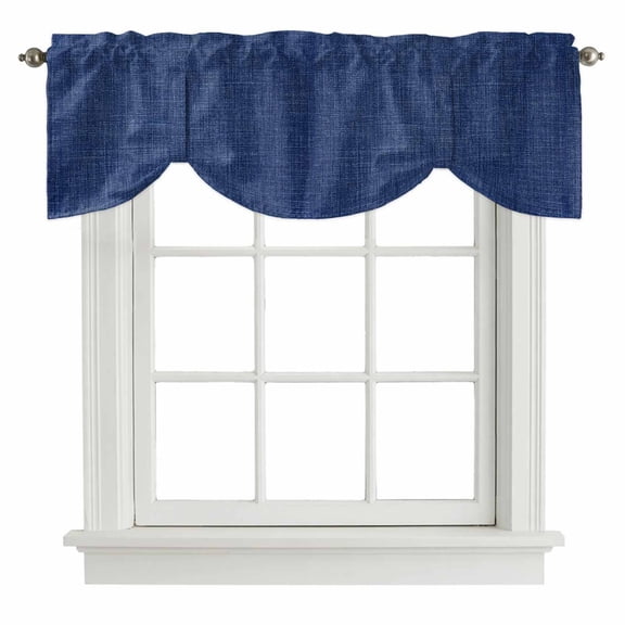 Tie Up Valances for Windows, Vintage Navy Blue Adjustable Valance Curtains Window Treatment for Living Room, Farmhouse Retro Dark Solid Color Linen Texture Rod Pocket Kitchen Curtains 54x18 Inch