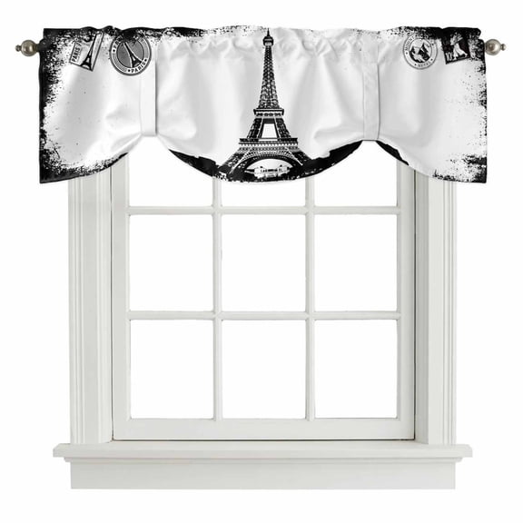 Tie Up Valances for Windows, Vintage Paris Adjustable Valance Curtains Window Treatment for Living Room, Chic Shabby Retro Landscape Black White Rod Pocket Kitchen Curtains & Drapes 42x12 Inch