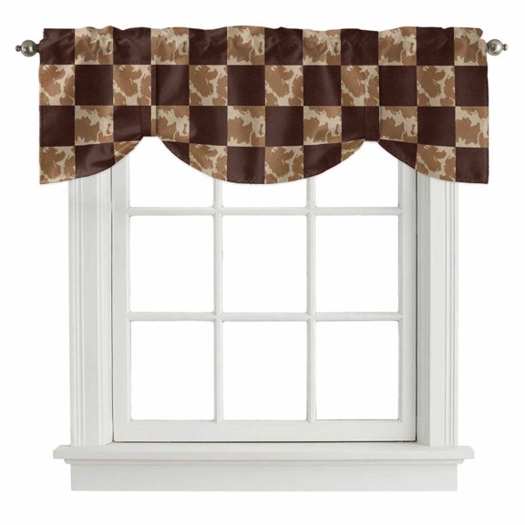 Tie Up Valances for Windows, Vintage Patchwork Adjustable Valance Curtains Window Treatment for Living Room, Western Brown Animal Texture Plaid Rod Pocket Kitchen Curtains & Drapes 42x18 Inch