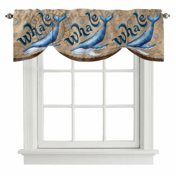 Tie Up Valances for Windows, Vintage Whale Adjustable Valance Curtains Window Treatment for Living Room, Brown Nautical Anchor Bubbles Coastal Rod Pocket Kitchen Curtains & Drapes 42x12 Inch