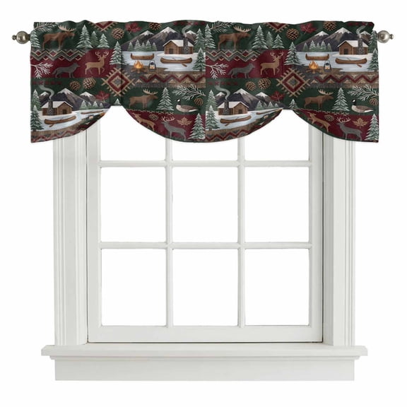 Tie Up Valances for Windows, Western Boho Adjustable Valance Curtains Window Treatment for Living Room, Farmhouse Country Rustic Chic Wild Nature Cabin Deer Rod Pocket Kitchen Curtains 42x12 Inch