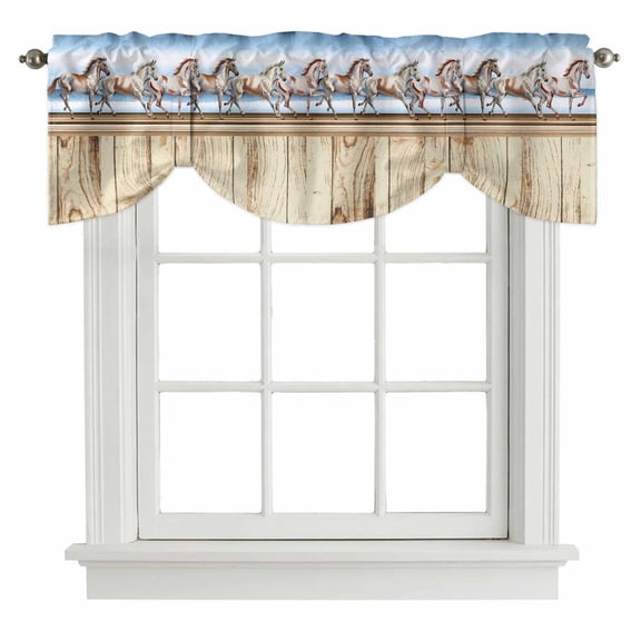 Tie Up Valances for Windows, Western Horse Adjustable Valance Curtains Window Treatment for Living Room, Farmhouse Wooden Grain Vintage Cowboy Barn Door Rod Pocket Kitchen Curtains 42x12 Inch