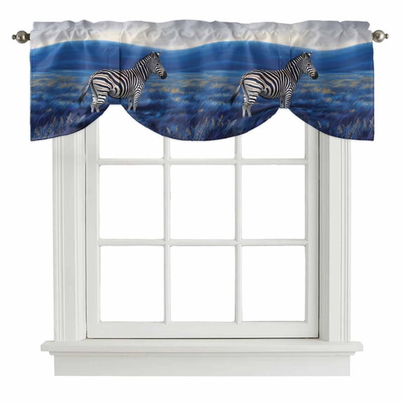 Tie Up Valances for Windows, White Black Zebra Adjustable Valance Curtains Window Treatment for Living Room/Bedroom, Blue Grassland Abstract Landscape Rod Pocket Kitchen Curtains & Drapes 42x12 Inch