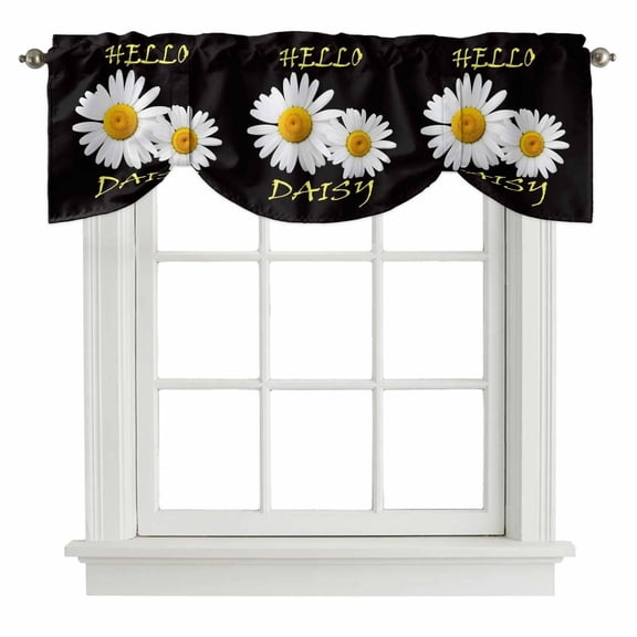 Tie Up Valances for Windows, White Daisy Adjustable Valance Curtains Window Treatment for Living Room/Bedroom Windows, Spring Hello Daisy Floral Black Rod Pocket Kitchen Curtains & Drapes 54x18 Inch