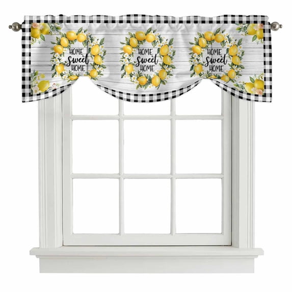 Tie Up Valances for Windows, Yellow Lemon Adjustable Valance Curtains Window Treatment for Living Room, Farmhouse Black Buffalo Plaid Grey Wooden Rod Pocket Kitchen Curtains & Drapes 42x18 Inch