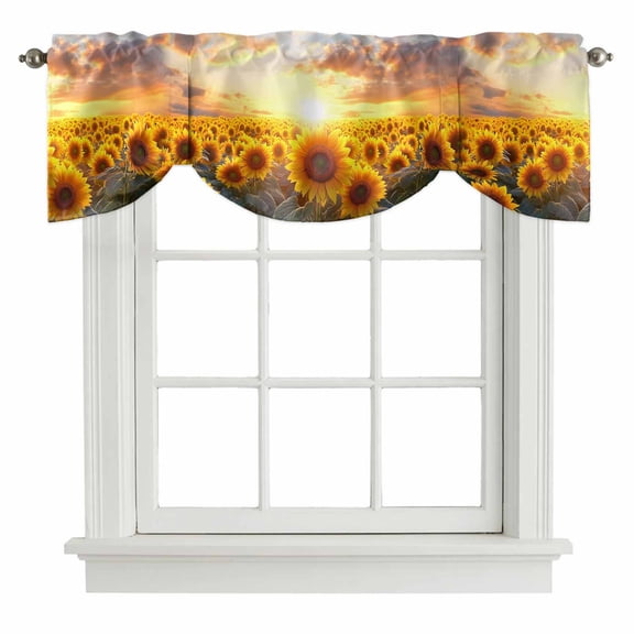 Tie Up Valances for Windows, Yellow Sunflowers Adjustable Valance Curtains Window Treatment for Living Room/Bedroom, Botanical Sunset Natural Scenery Rod Pocket Kitchen Curtains & Drapes 42x12 Inch