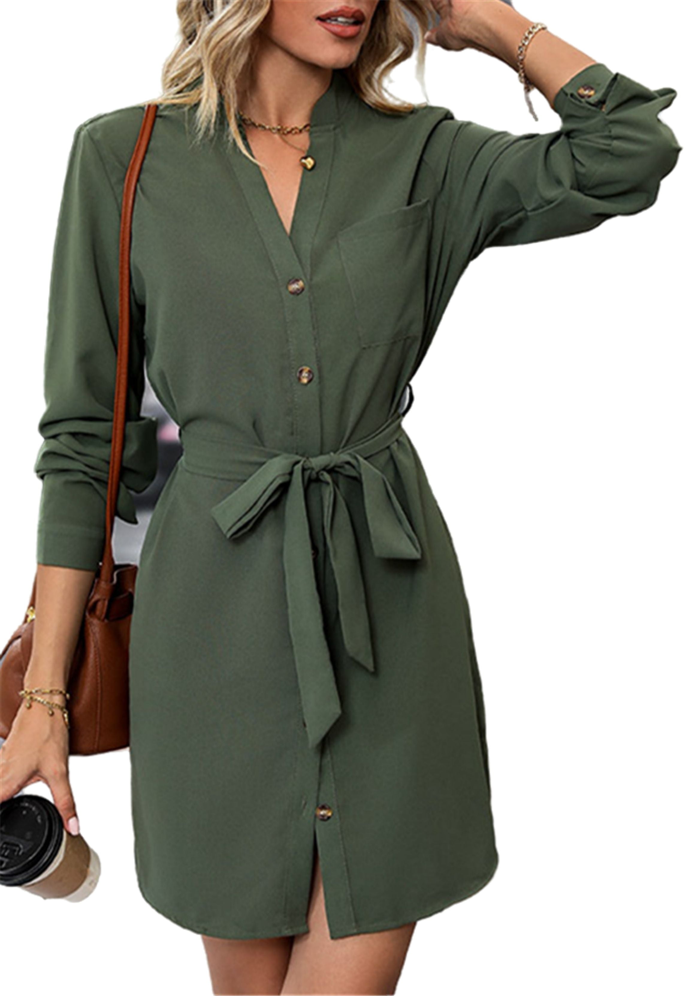 Tie Waist Button Down Shirt Dress for Women Above Knee Length - Walmart.com