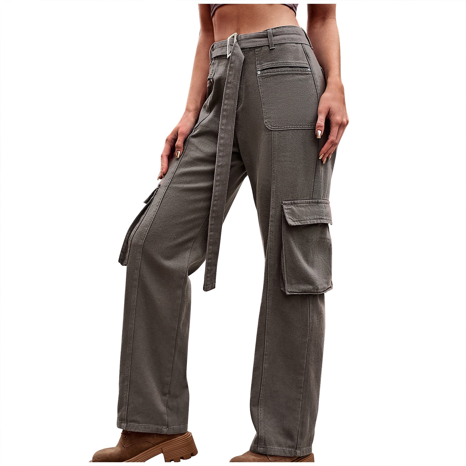 Tie Waist Cargo Pants for Women Solid Color Straight Leg Denim